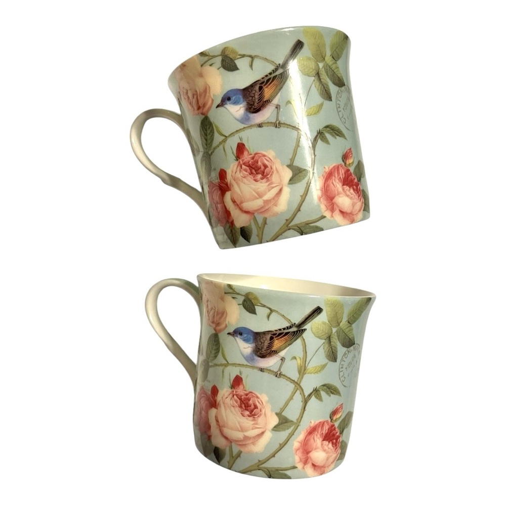 McIntosh fine bone China Bird Garden coffee/tea cups aqua roses blue bird pair.